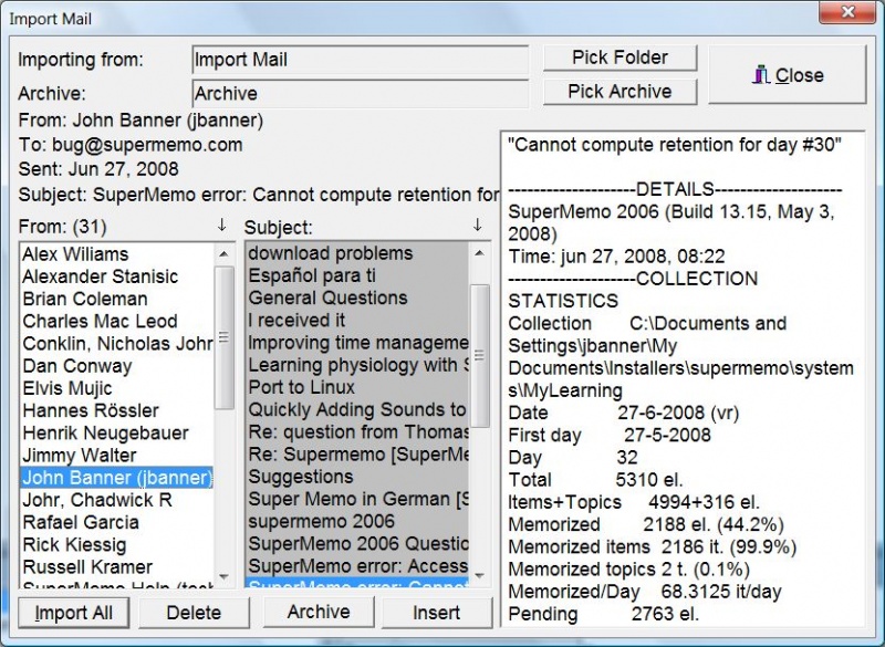 從 MS Outlook 導入郵件到 SuperMemo 的 Import Mail 對話框