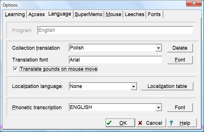 Tools : Options : Language 選項卡